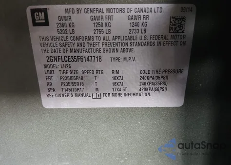 2015 Chevrolet Equinox 2Lt z USA, uszkodzony, nr VIN 2GNFLCE35F6147718